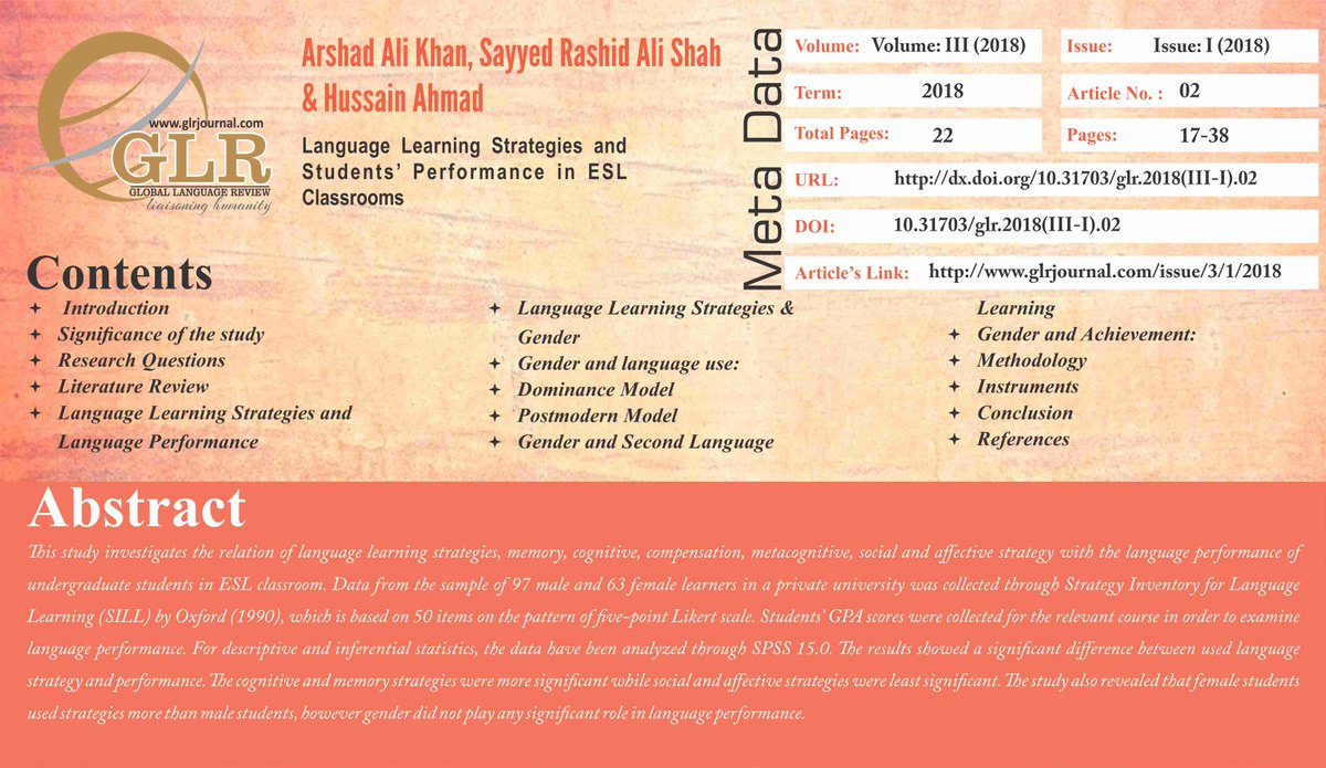 GLRjournal's tweet image. Topic: Language Learning Strategies and Students’ Performance in ESL Classrooms

Weblink: glrjournal.com/article/Langua…

Download PDF: glrjournal.com/jadmin/Auther/…

Keywords: #Learning_Strategies, #Performance,#Cognitive_Strategy, #Memory_Strategy