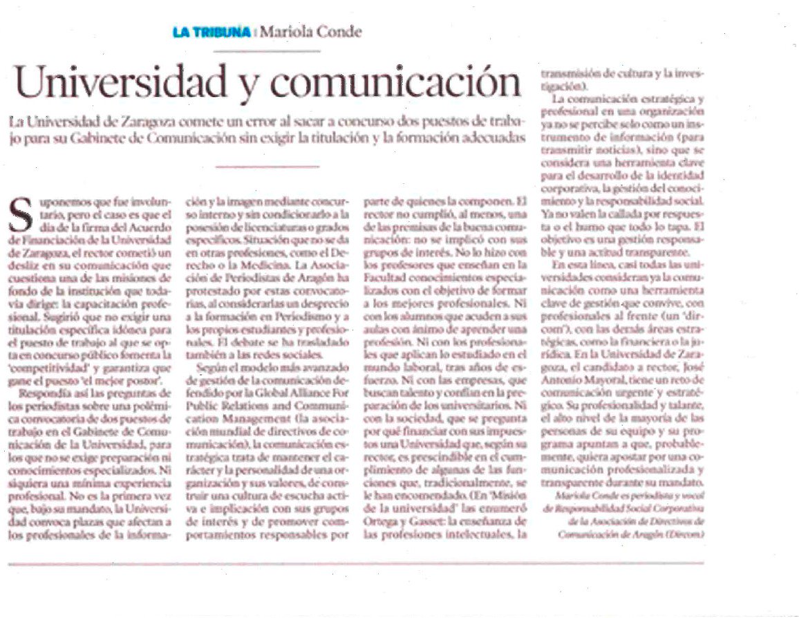 Hace unos años publiqué esta Tribuna <a href="/heraldo/">Rick Nelson</a>. Sigue vigente ahora q <a href="/unizar/">Universidad Zaragoza</a> saca a concurso su jefe #comunicación sin exigir conocimientos adecuados y sin ni siquiera una titulación. Piensan q cualquier funcionario interno puede gestionar #reputación <a href="/Periodistas_APA/">Periodistas de Aragón</a> <a href="/DircomARA/">Dircom Aragón</a>