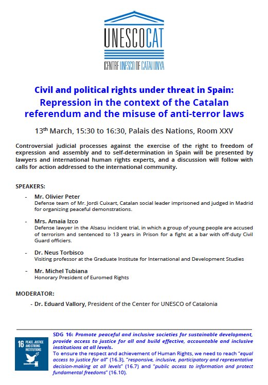 EUROLANG's tweet image. Good to see @Unescocat organise side event at #HumanRightsCouncil Geneva on civil &amp;amp; political rights under threat in Spain, discussing @jcuixart &amp;amp; the #alsasua case with @Olivier_Ptr @casals_neus @AmaiaIzko @EuroMedRights @evallory @unhrcpr @UN_HRC #DemocracyOnTrial #ELEN2019