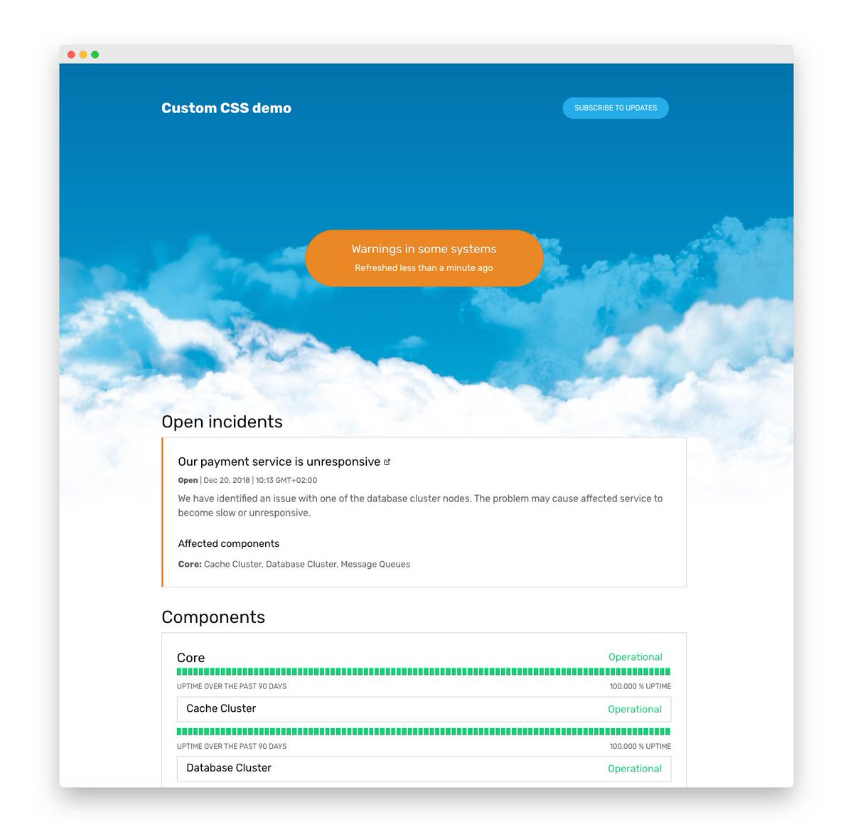 adm1nlabs's tweet image. Color changes not enough? Want to use your own CSS? Our Custom CSS feature is now live! Use your own styles to customize the appearance of your status pages.
More info: adminlabs.com/status-page/cu…
Documentation: adminlabs.com/kb/status-page…
#customcss #statuspage #monitoring