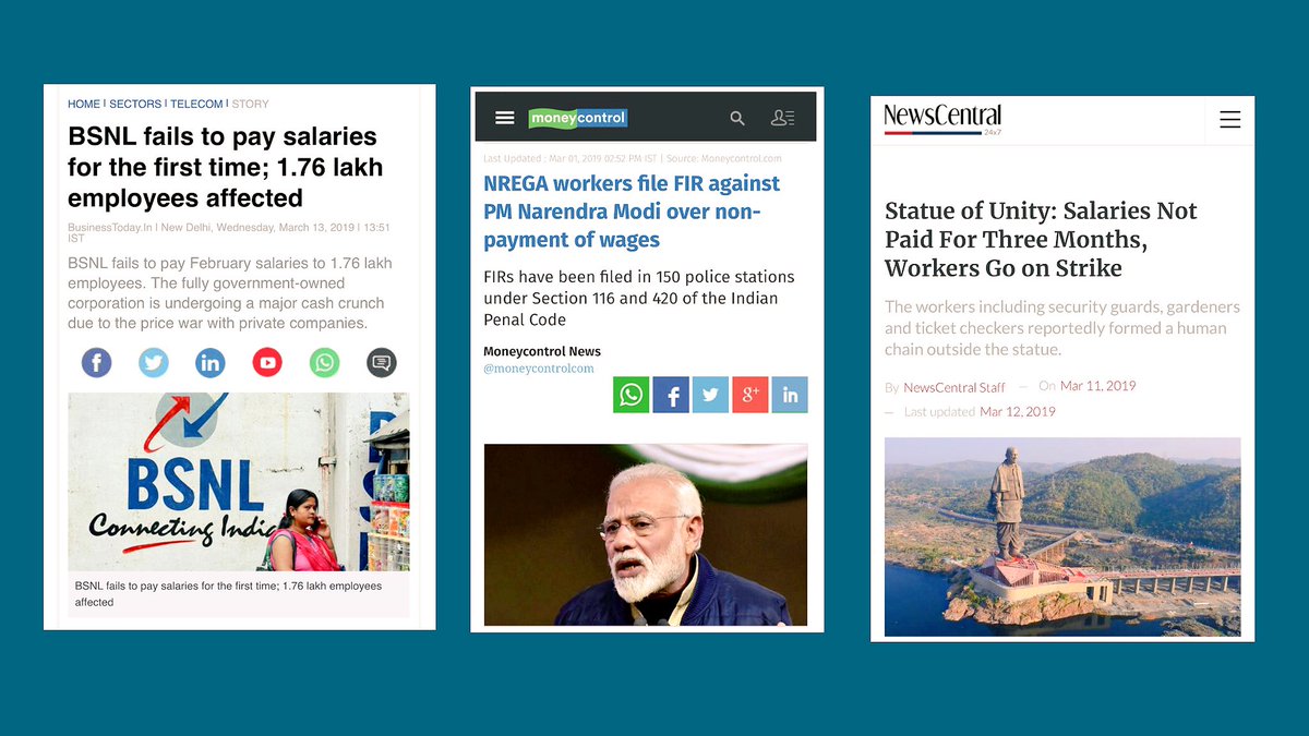 👉 No salary for 1.7 Lakh BSNL employees for first time in history 

👉 No salary for Statue of Unity workers since 3 months 

👉 No salary for NGREGA workers

But: every page of newspapers have Modi’s photos and crores of ₹₹ being spent on publicity 

#ModiHaiToMumkinHai