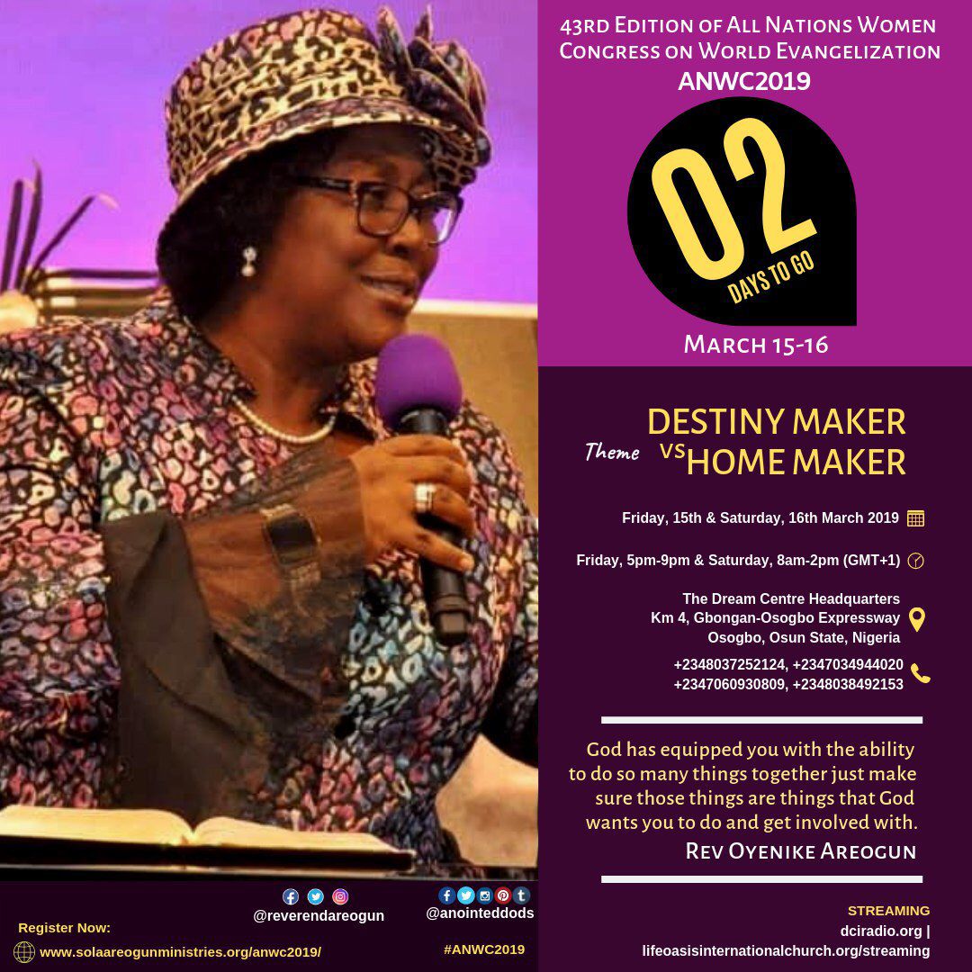 DCYAClub's tweet photo. 2 days to #ANWC2019⠀⠀
⠀⠀
Don’t miss this feast of God!⠀⠀
⠀⠀
#WOMENOFGOD #Godlywoman #wife #woman #mother #Godlywife #Godlymother #RevOyenikeAreogun #Godlyhome #destiny #calling #HomeMaker #DestinyMaker #ANWC https://t.co/PScYyGSUUo