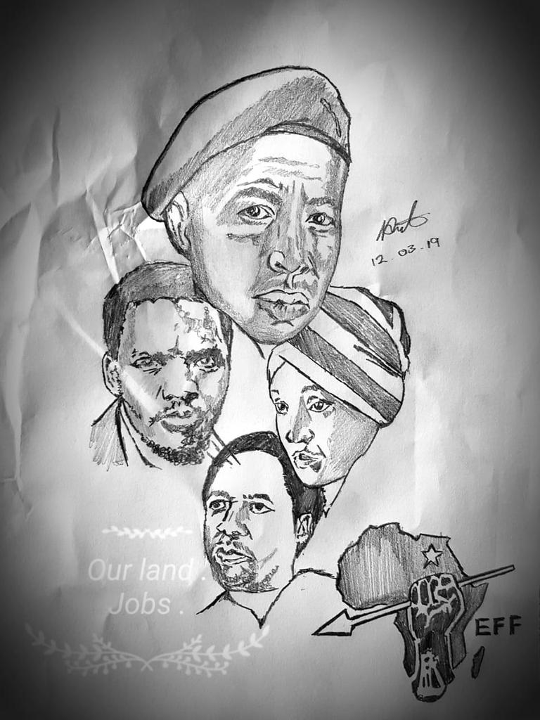 SingiNtini's tweet image. My lil brother drew this picture last night of the CIC, Mama Winnie, Steve Biko and Chris Hani. @Julius_S_Malema @EFFSouthAfrica @FloydShivambu @MbuyiseniNdlozi @nxnkuna