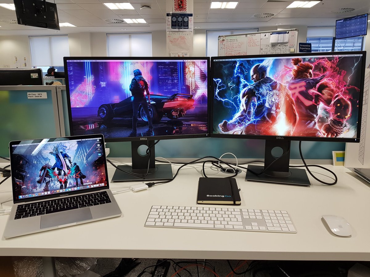 Hardware all set up at work. Just gotta install a few things and gonna get stuck in! Wooo! And yes I do love vibrant desktop wallpapers #priorities 👌