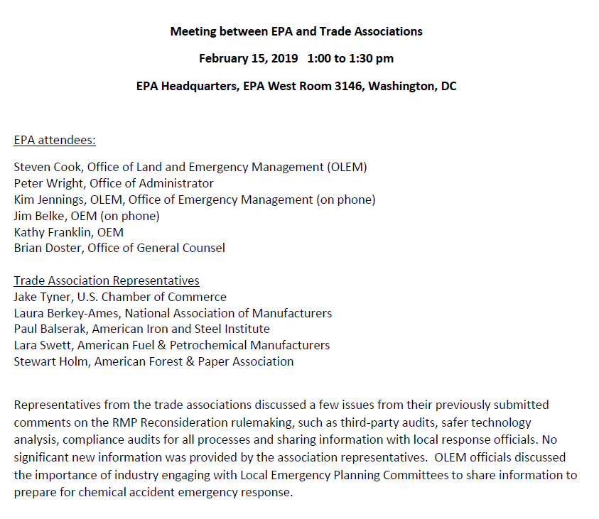 samrpearson's tweet photo. Comment period is long closed but @EPA found time to meet w/ industry groups last month re #RMP rule, though says they provided "no significant new information," were encouraged to work w/ LEPCs https://t.co/PysUoN3xxB