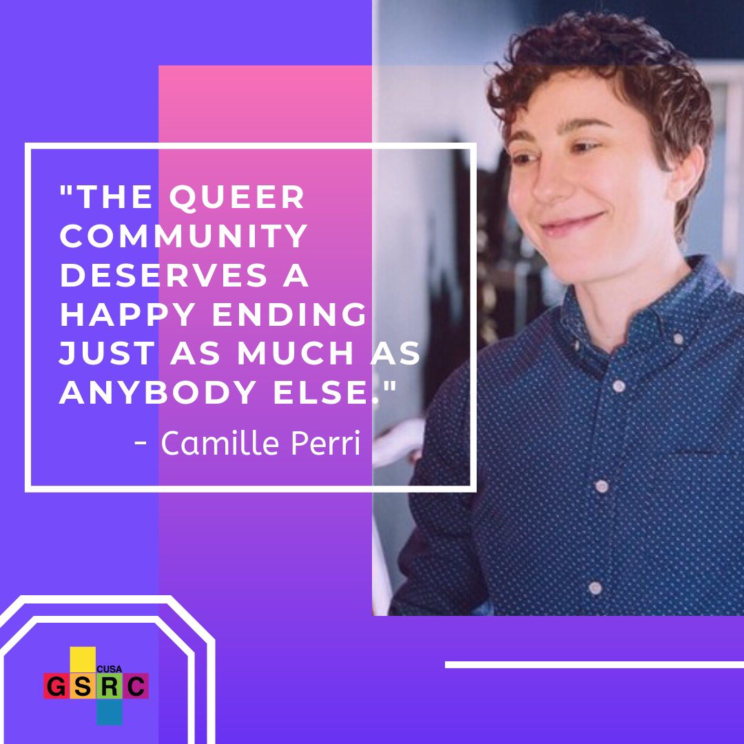 cusagsrc's tweet image. Quote of the Week: Camille Perri
“The queer community deserves a happy ending just as much as anybody else.”
•
[image description] Camille in a button up on purple and pink background.