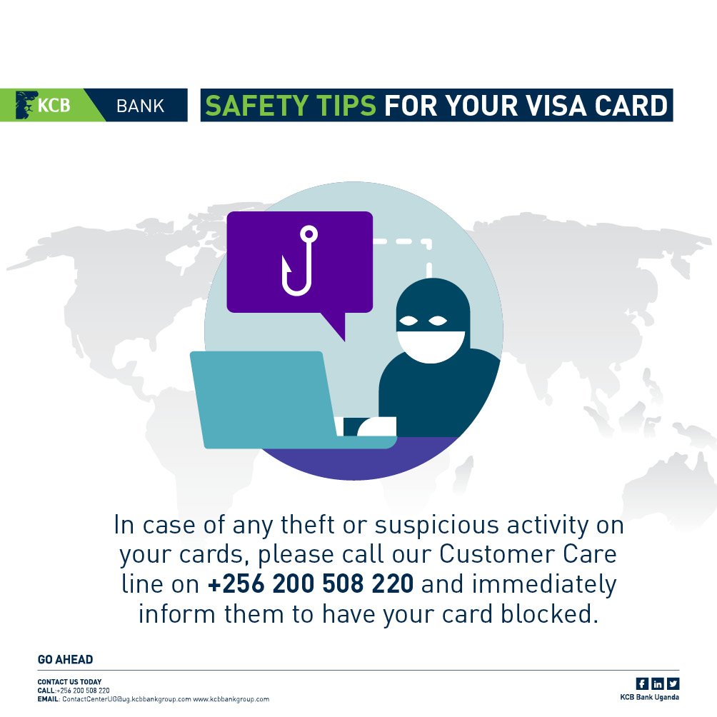 kcbbankug's tweet photo. Don’t be a victim of Visa card frauds. In case of any suspicious activity on your cards, please call our Customer Care line on +256 200 508 220 and immediately inform them to have your card blocked.
#KCBSecurityTips https://t.co/k1DlmZj1OI