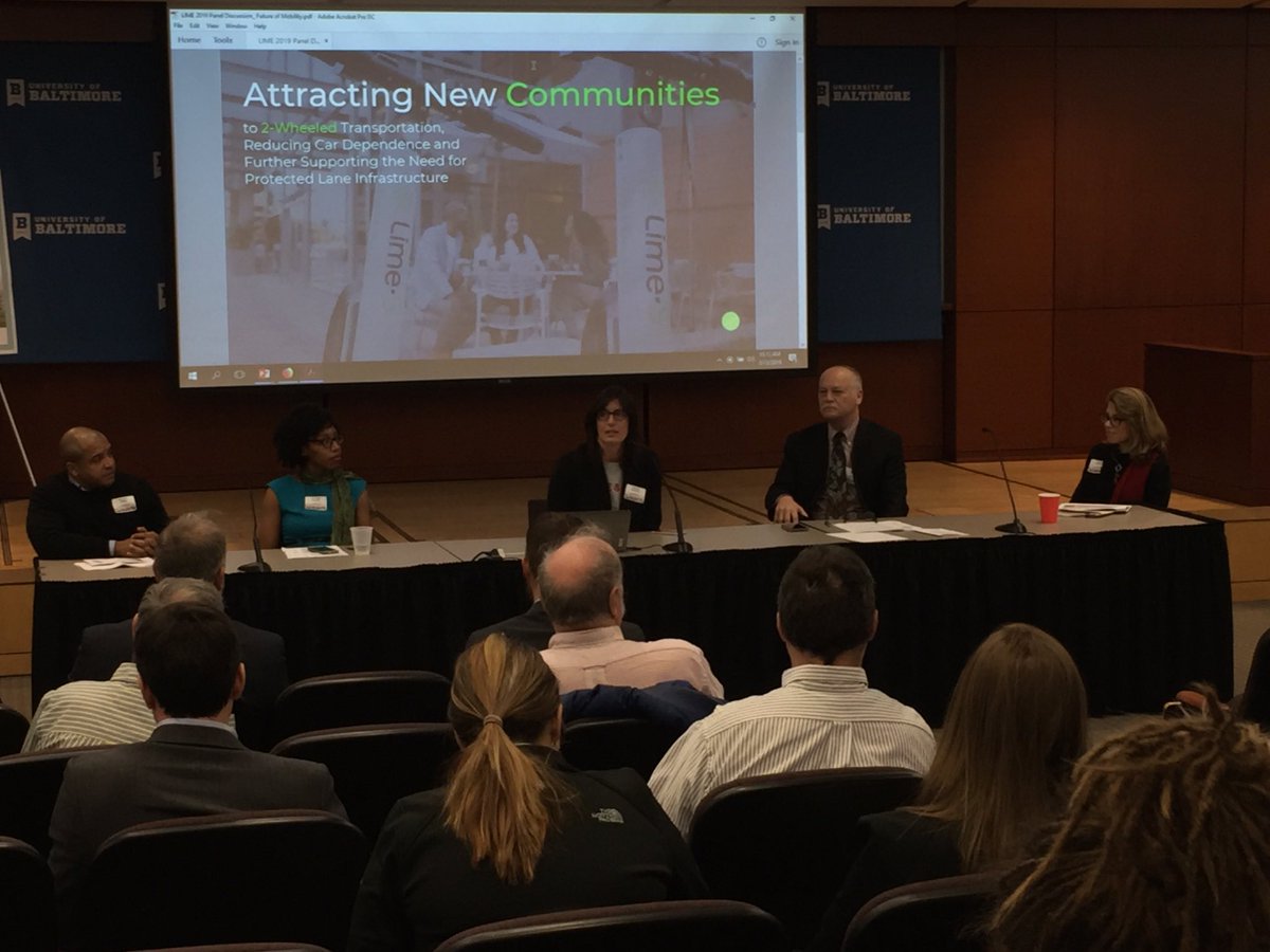BaltoMetroCo's tweet photo. Gerrit Knaap of @UofMaryland , Stefanie Brodie of @DDOTDC , Maggie Gendron of @limebike , Sandra Brecher of @MontgomeryCoMD and William Burns of @SPIN discuss Implementing and Integrating New Mobility in Communities #BRTB https://t.co/ePKGzV63dQ