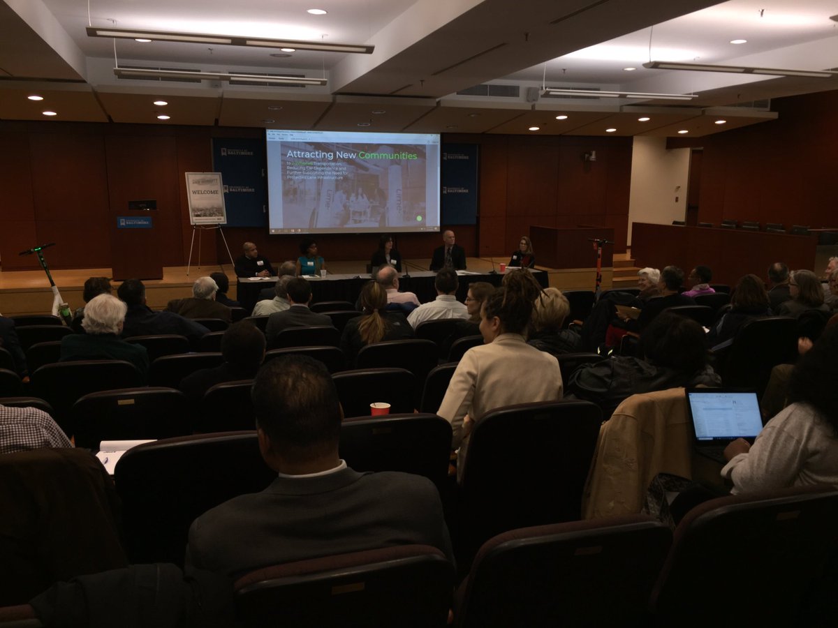 BaltoMetroCo's tweet photo. Gerrit Knaap of @UofMaryland , Stefanie Brodie of @DDOTDC , Maggie Gendron of @limebike , Sandra Brecher of @MontgomeryCoMD and William Burns of @SPIN discuss Implementing and Integrating New Mobility in Communities #BRTB https://t.co/ePKGzV63dQ