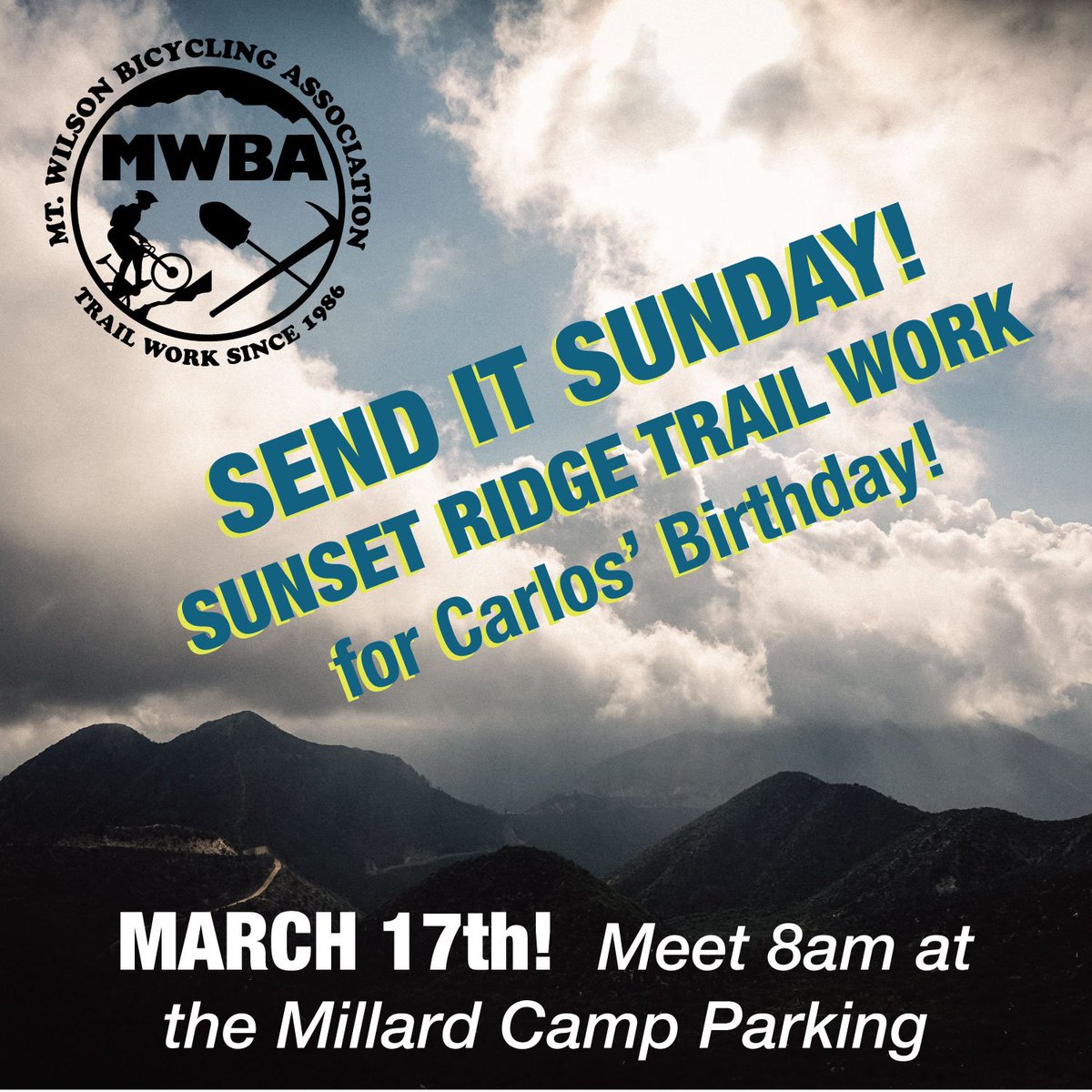 MWBAorg's tweet photo. This SUNDAY!  Come SEND IT on #SunsetRidgeTrail with #traillove on Carlos' Birthday!

https://t.co/z0bOTwC5DC https://t.co/R4w4R7lIco