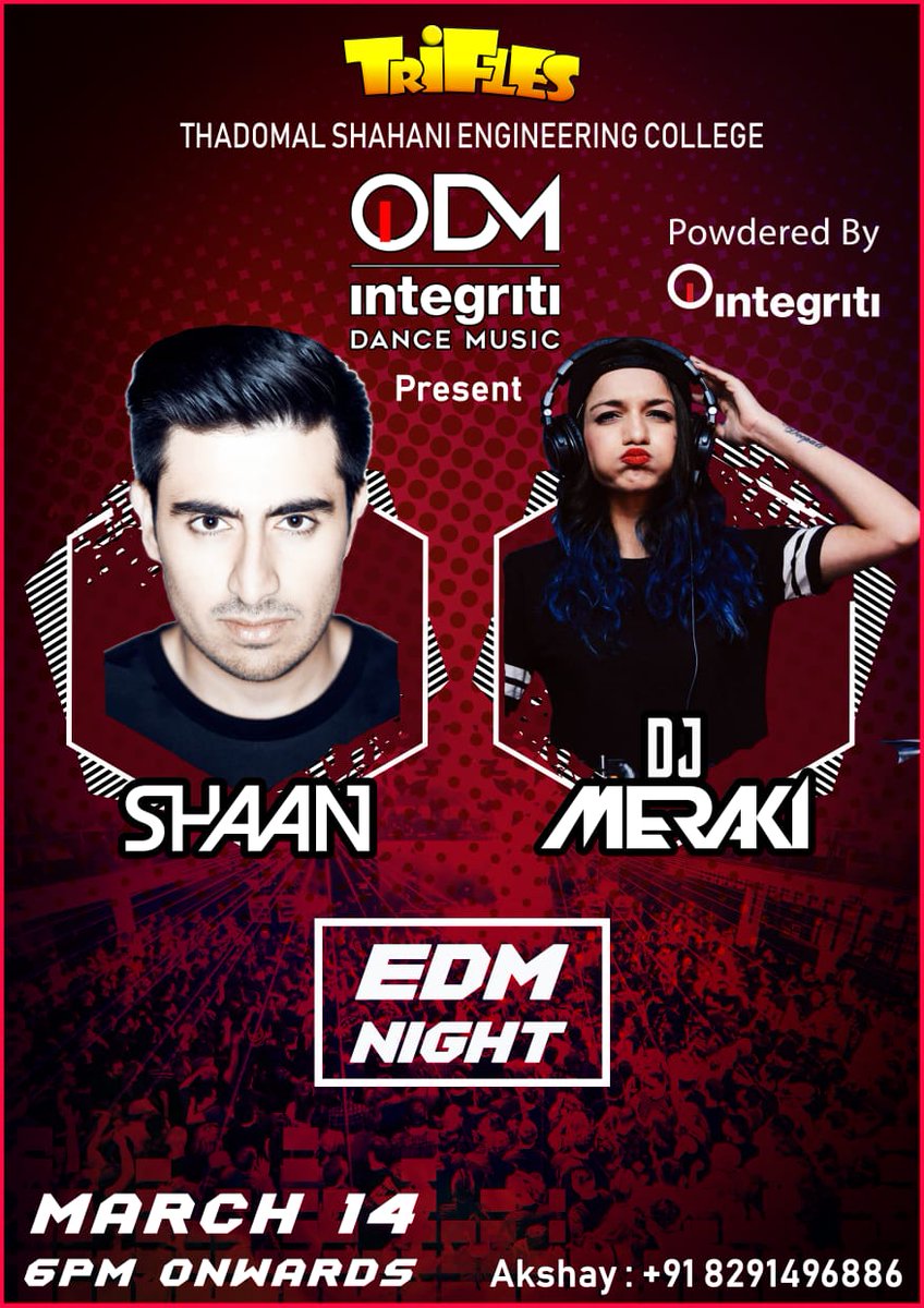 The TSEC Students' Council &amp; IDM presents to you the pumped up EDM Night powered by Integriti with the child prodigy of EDM, DJ Shaan and dynamic female sensation, DJ Meraki. Mark the date,14th March, 6.30 pm onwards. 
#TSECStudentsCouncil #LaFiesta #Trifles2k19 #IDM #Integriti