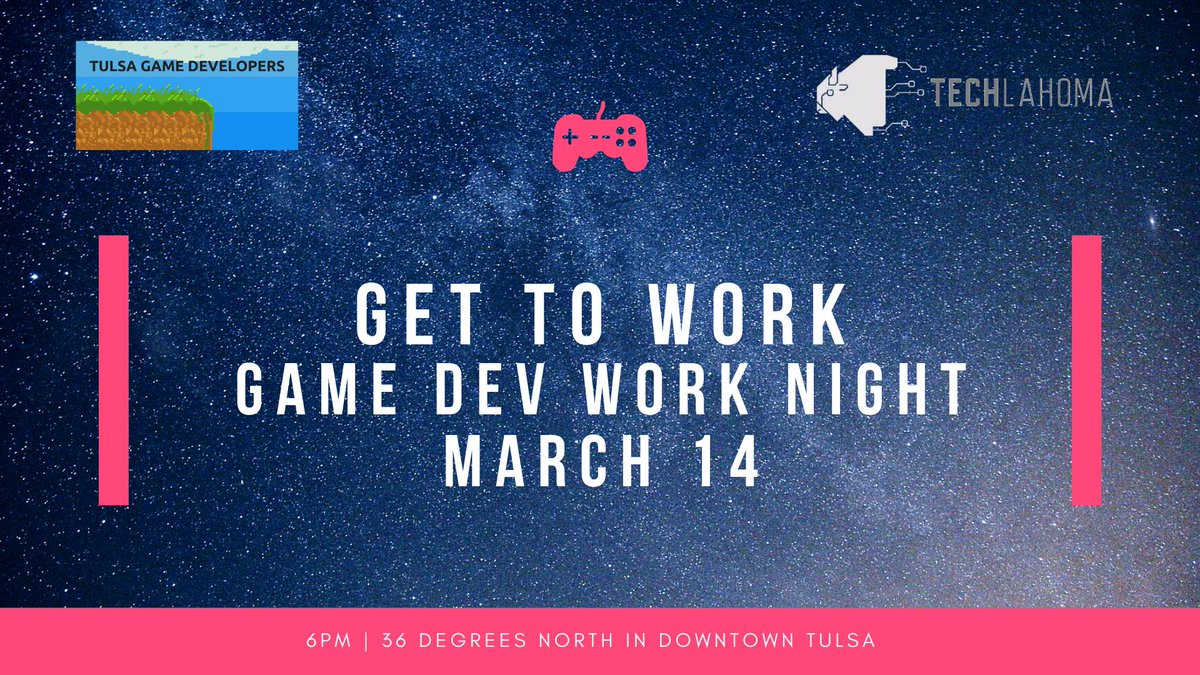 TulsaGameDevs's tweet photo. Tomorrow night at @36degreesN, bring your gaming projects, show them off, and get to work!

CC @techlahoma 

https://t.co/YeYva9yHkY https://t.co/IuWyzRqSaA
