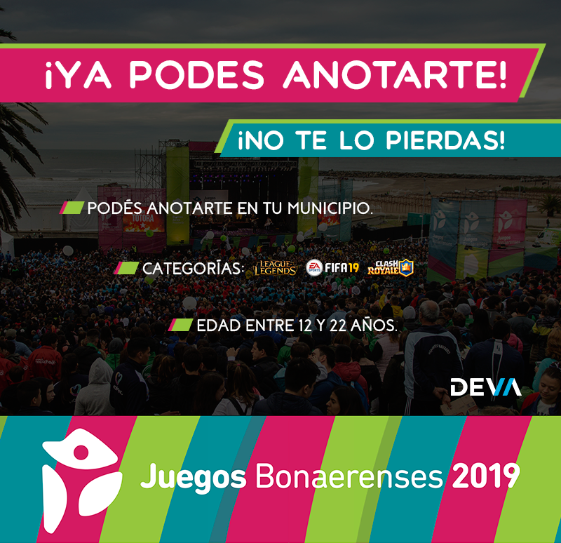 devaesportsarg's tweet image. [INSCRIPCIONES JUEGOS BONAERENSES]

Vuelve una nueva edición de los #JuegosBonaerenses y vas a poder competir en #deporteselectronicos

Este año repetimos #FIFA19 #LeagueOfLegends y #ClashRoyale 

Andá ya mismo a tu Municipio para anotarte!! 

Cualquier consulta &amp;gt; MP
