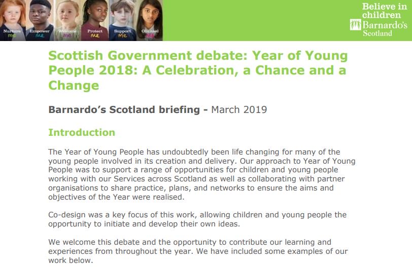 Looking forward to @scotgov debate in @ScotParl this afternoon on the Legacy of Year of Young @YOYP2018 - We've had a great year supporting our young people to get involved. @MareeToddMSP Read our full briefing here 👇 bit.ly/2ChT77o