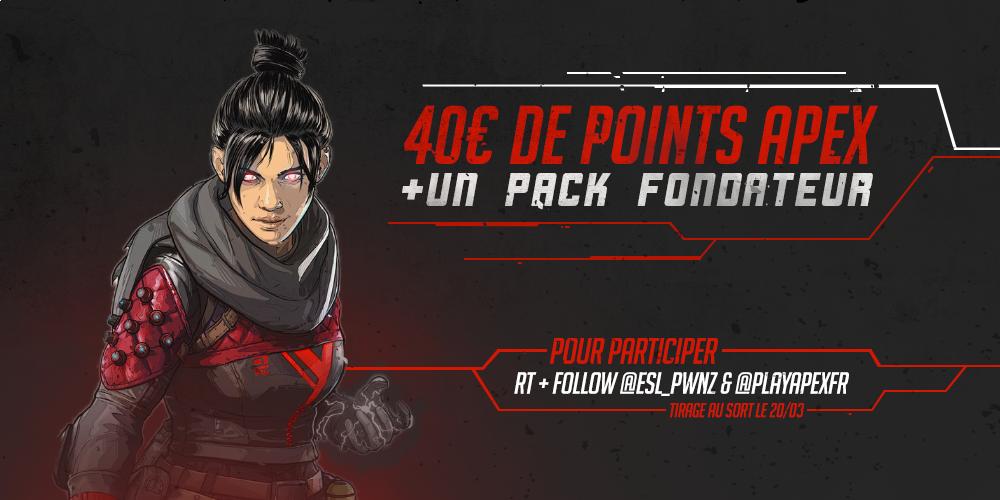 🏆 #Concours 🏆

La Confrérie PwnZ te fait voir la lumière sur #ApexLegends !

Gagne 4300 pièces Apex (40 euros) et un pack Fondateur (2000 pièces + des Skins) 

Pour participer :
- #RT ce tweet
- Follow @ESL_PwnZ 
- Follow <a href="/PlayApexFR/">Apex Legends France</a>

Tirage au sort le 20/03 !