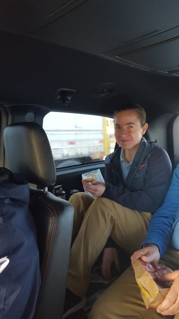 Riding to Stage 1 of Redlands in the party van. Marcie got the cool spot. #jigseat