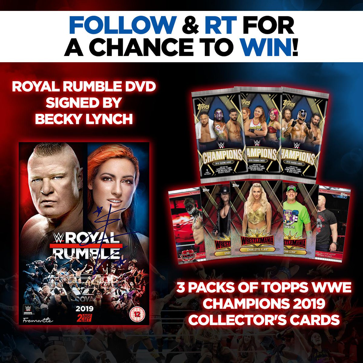 WWENetflixNews's tweet photo. We've got another incredible #RoyalRumble #giveaway! FOLLOW &amp; RT for a chance to #WIN a DVD that's SIGNED by #TheMan @BeckyLynchWWE &amp; 3 packs of @Topps #WWE Champions cards! #Competition ends 18th March https://t.co/etqE8vMv3e