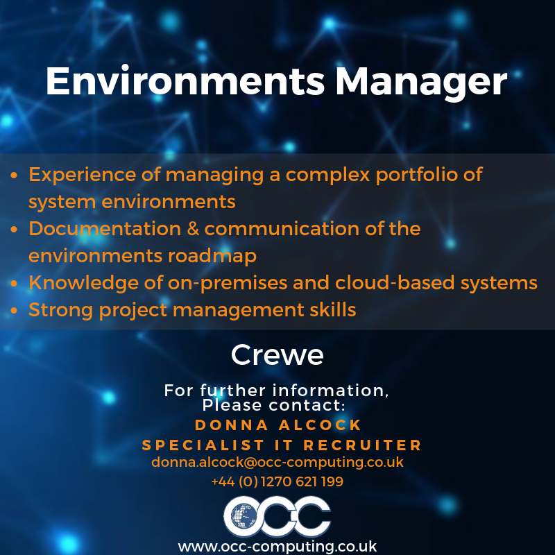 DonnaOCCRec's tweet photo. Environments Manager required in Crewe. Do you have experience working on complex IT programmes and managing multiple environments (production &amp; non-production? DM now for more information #Crewejobs #ITjobs https://t.co/zrZtJqcxsT