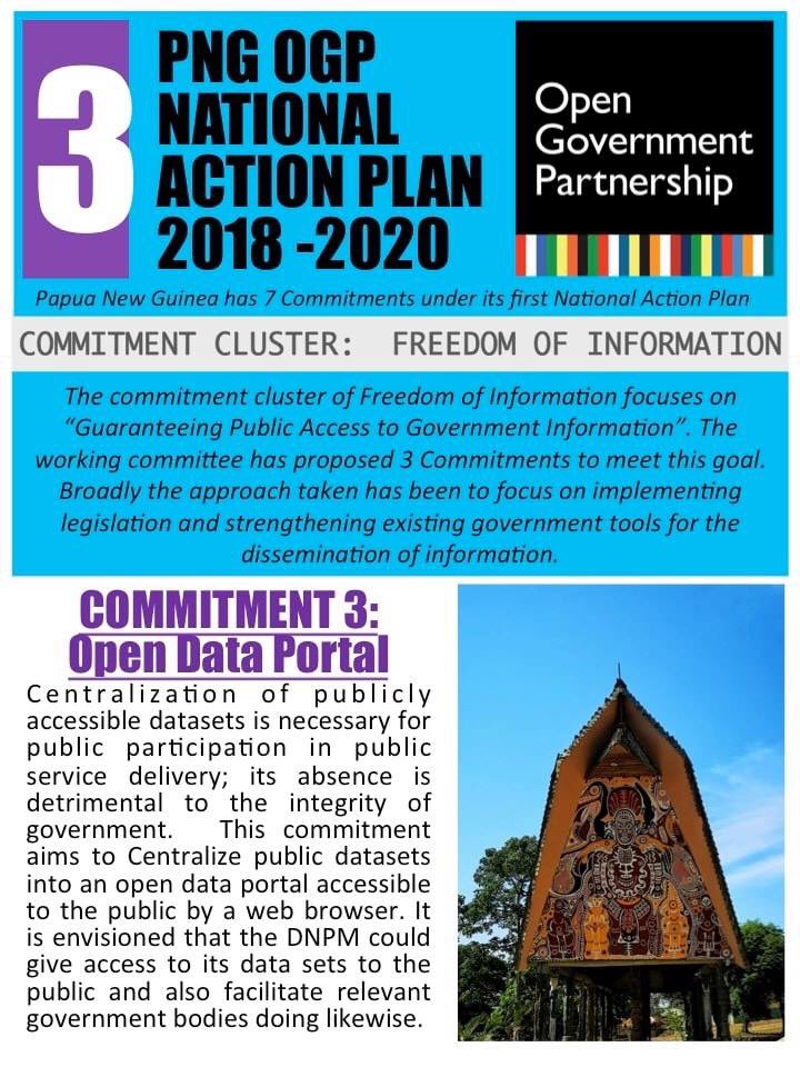 March 11-17th is #OpenGovWeek and TIPNG is highlighting each of the 7 commitments from #PNG’s #OpenGov National Action Plan 2018-2020, the third commitment is for an Open Data Portal - read the flyer to find out more.

opengovpartnership.org/commitment/03-…