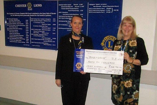 <a href="/ChesterLionsUK/">Chester Lions UK</a> Anne Warner of Chester Lions Club presents a cheque for £42,000 to Kathy Kenney of The Countess of Chester Hospital. The money from the Lions Club will fund the nurses observation room at the new Neo-natal Unit being built at the Hospital.