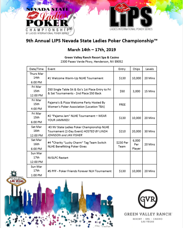 LIPS_Tour's tweet photo. It's almost here!! The NV State Ladies Poker Championship @GVRpoker in Vegas!  Parties, Poker &amp; Fun!!  It's all starts on Thurs through Sun! Join @FirstLadyPoker &amp; @Jan_Fisher our hosts and @WPAGlobal for the Welcome Party!  See you soon! https://t.co/bTyg3Tj1Dd