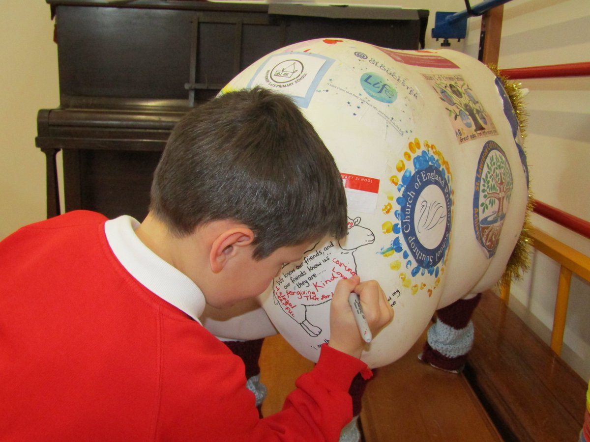 DownAmpneySch's tweet photo. We are all sad to be saying goodbye to our sheep after leaving our mark on him, but we are sure that he will enjoy his time at his next school. #goodshepherdproject @glosdiocschools https://t.co/fOoZ8mO2m9
