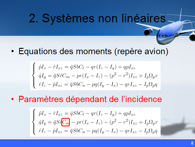Stephane_Querry's tweet photo. Pourquoi l'#incidence (alpha) est si importante pour l'#autopilote ? Car le coefficient de moment en #tangage (Cm) dépend d'elle (comme de la vitesse (V) du #Pitot), ce qui permet d'estimer le modèle de l'#avion en temps réel, et de commander son tangage... #B737MAX https://t.co/4VGahmWxzx