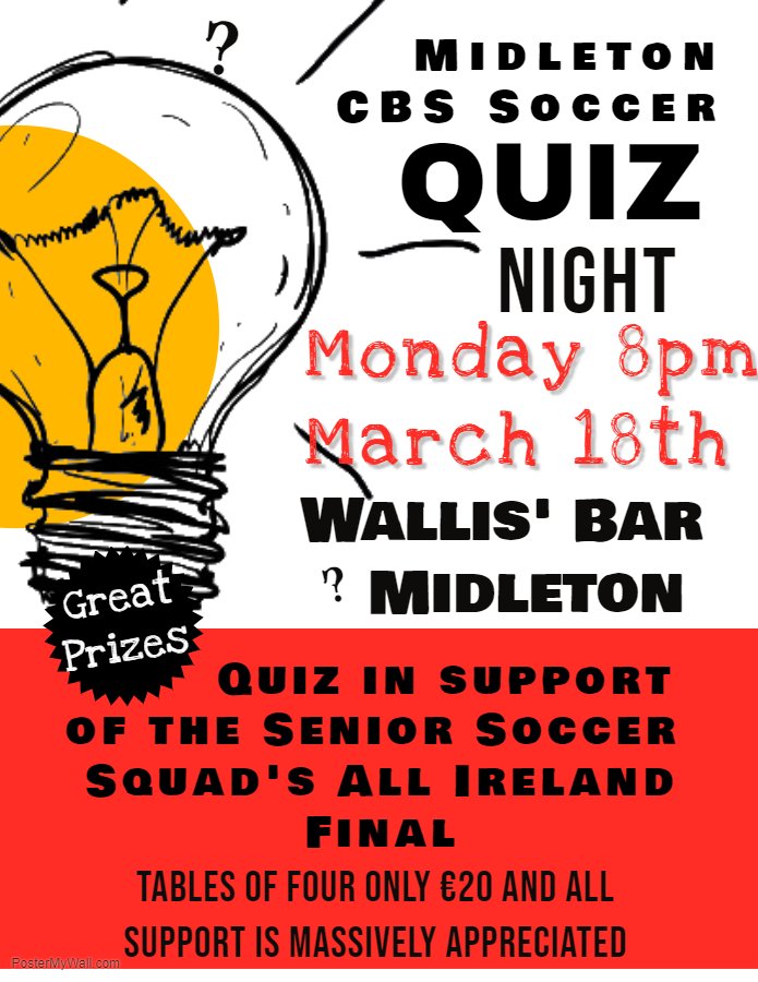 MidCBSSoccer's tweet photo. ANNOUNCEMENT: A general knowledge quiz in support of the Senior Soccer Squad's @faischools National Cup Final takes place next Monday, March 18th at 8pm in @WallisBar. The senior squad and management would massively appreciate any support. Please contact the page for info. Thanks https://t.co/UhFimHcSZw