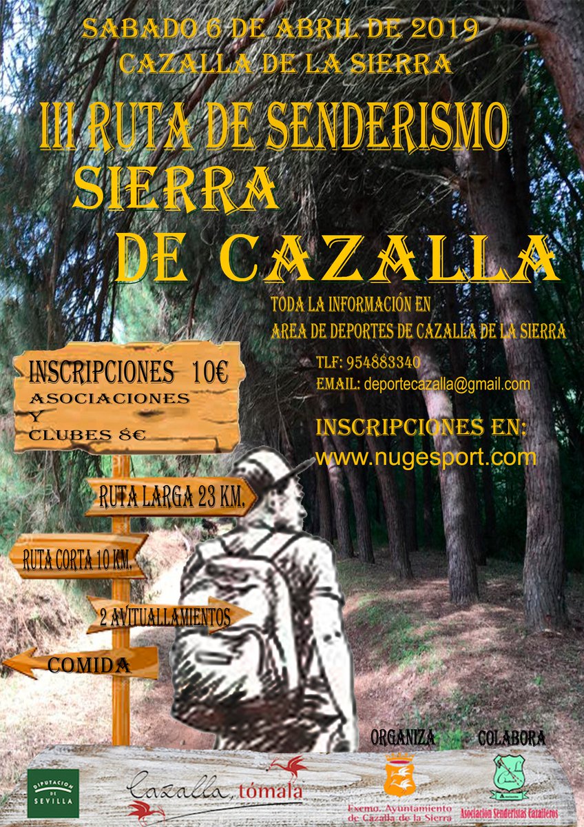 Si eres aficionado al senderismo y quieres recorrer una de las sierras con mas encanto de Andalucía, 
¡¡ESTA ES TU RUTA!!
INFORMACIÓN: Área de Deportes de Cazalla de la Sierra 
-Tlf: 954883340
-Correo: deportecazalla@gmail.com
INSCRIPCIONES: nugesport.com