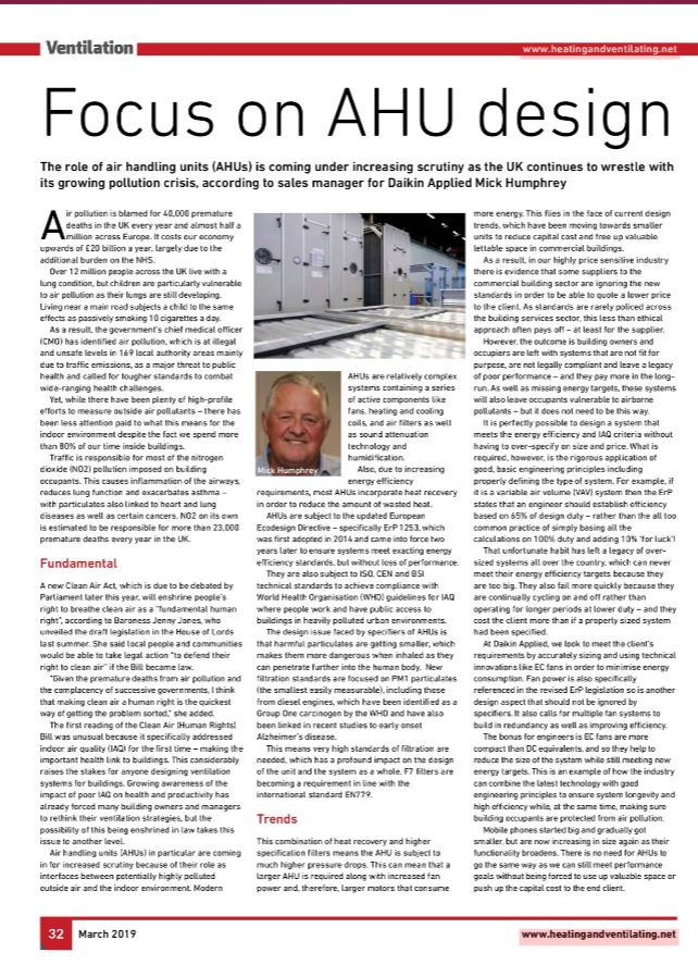 The role of #AHUs is coming under increasing scrutiny as the UK continues to wrestle with its growing pollution crisis, according to sales manager  Mick Humphrey <a href="/DaikinAppliedUK/">Daikin Applied (UK) Ltd</a> .  Read full article here: goo.gl/szk5QG