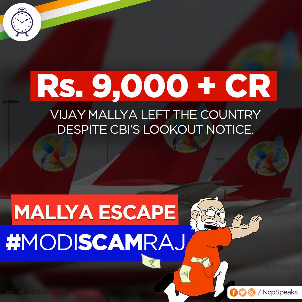 NCPspeaks's tweet photo. Vijay Mallya being involved in a scam of more than 9000 Crores
after getting lookout notice from the SBI was allowed to leave India without repaying the hard earned money of the people. 

#ModiScamRaj #FailHuaModi @narendramodi @PMOIndia https://t.co/LmlAJFmzjB