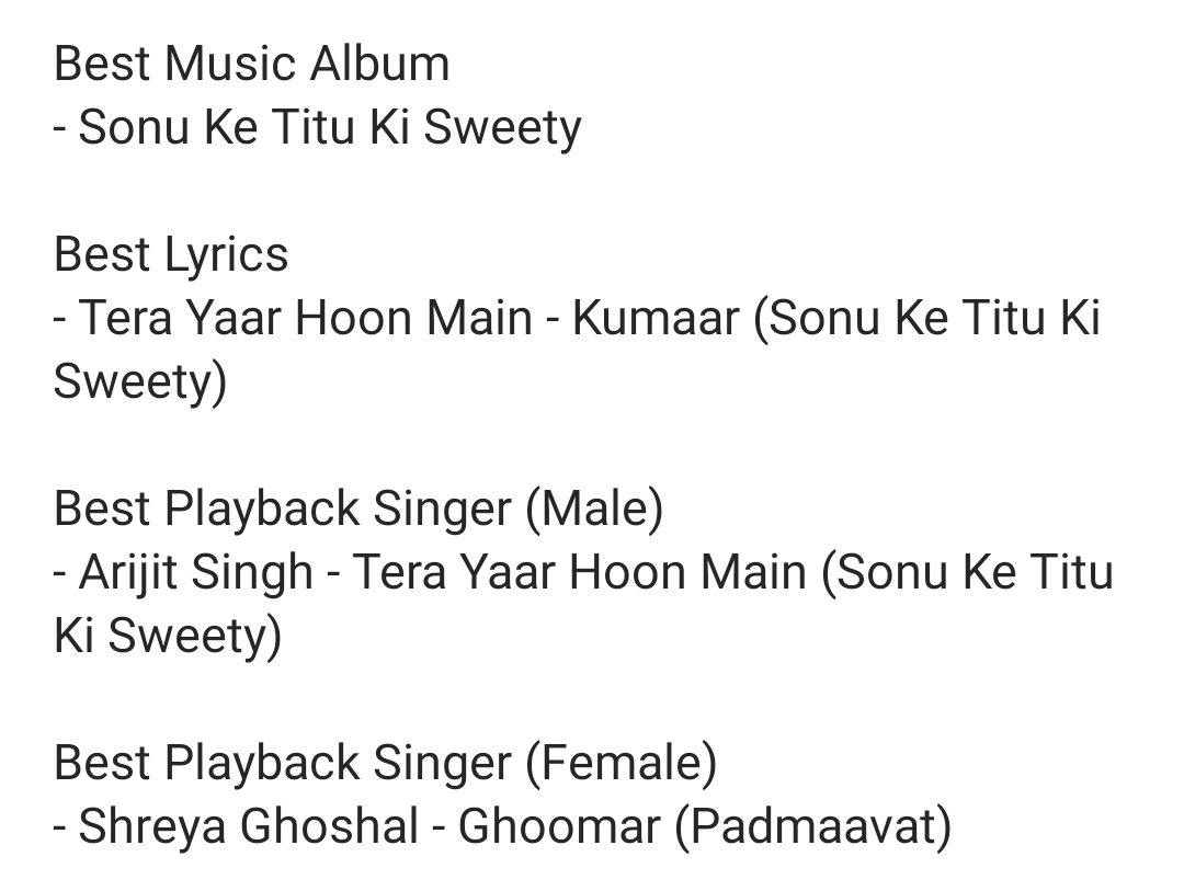 Surin_offl's tweet photo. Filmfare Awards 2019
(Winners of my choice) ❤️
#Filmfare #VimalFilmfareAwards #FilmfareAwards2019 #Sanju #Padmavat #Raazi #BadhaaiHo #SuiDhaaga #Zero #Thumbad #October #SKTKS #ArijitSingh #ShreyaGhoshal #RanbirKapoor #RanveerSingh #DeepikaPadukone #SRK #AliaBhatt @filmfare https://t.co/hqNCbqws3v