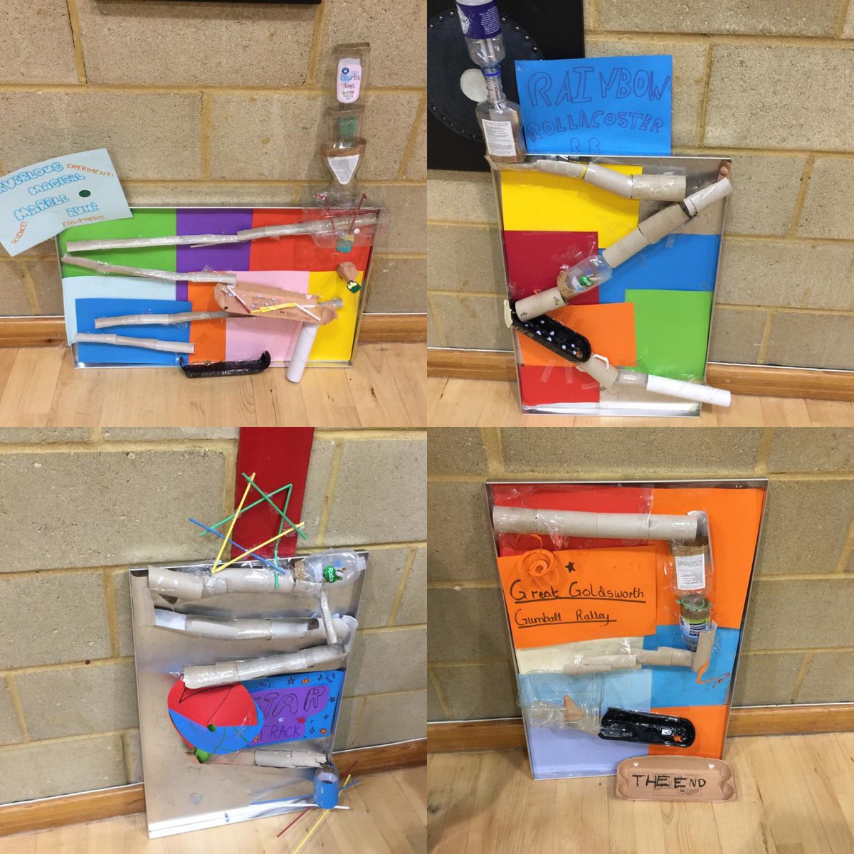 NotreDameCobham's tweet image. The finished designs! #marblerun #sciencechallenge #ScienceWeek2019 #futurescientists