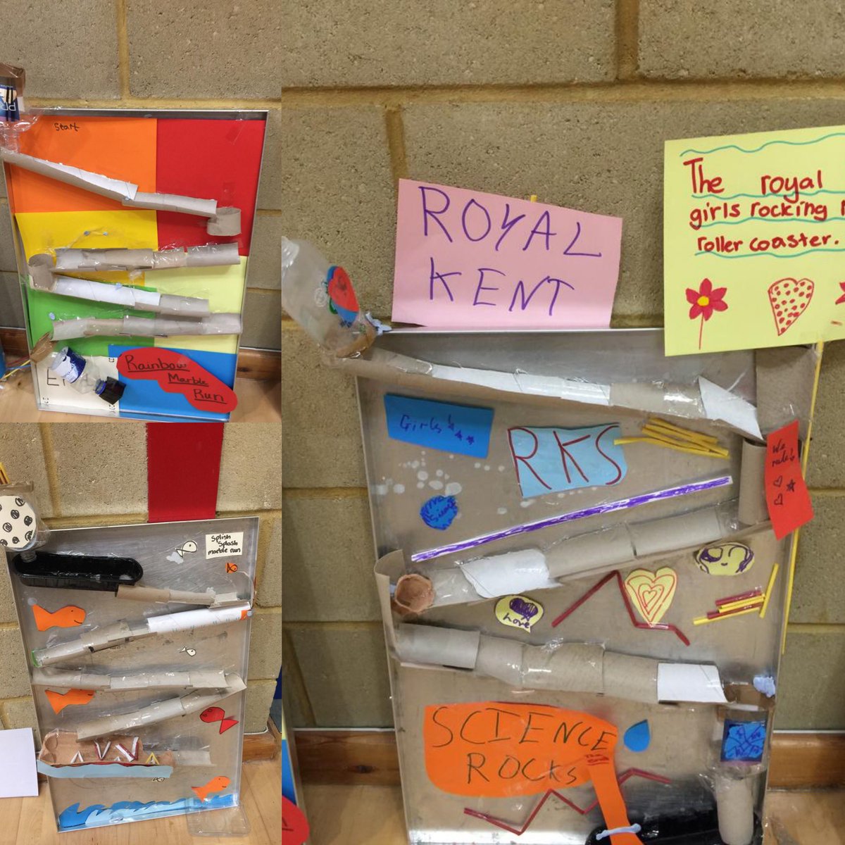 NotreDameCobham's tweet image. The finished designs! #marblerun #sciencechallenge #ScienceWeek2019 #futurescientists