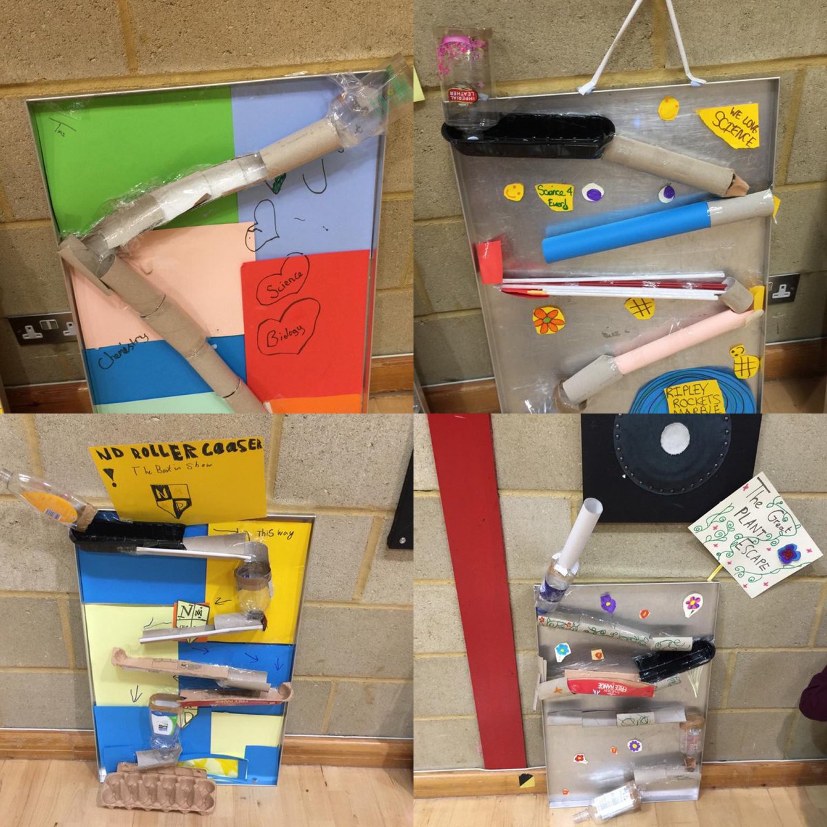 NotreDameCobham's tweet image. The finished designs! #marblerun #sciencechallenge #ScienceWeek2019 #futurescientists