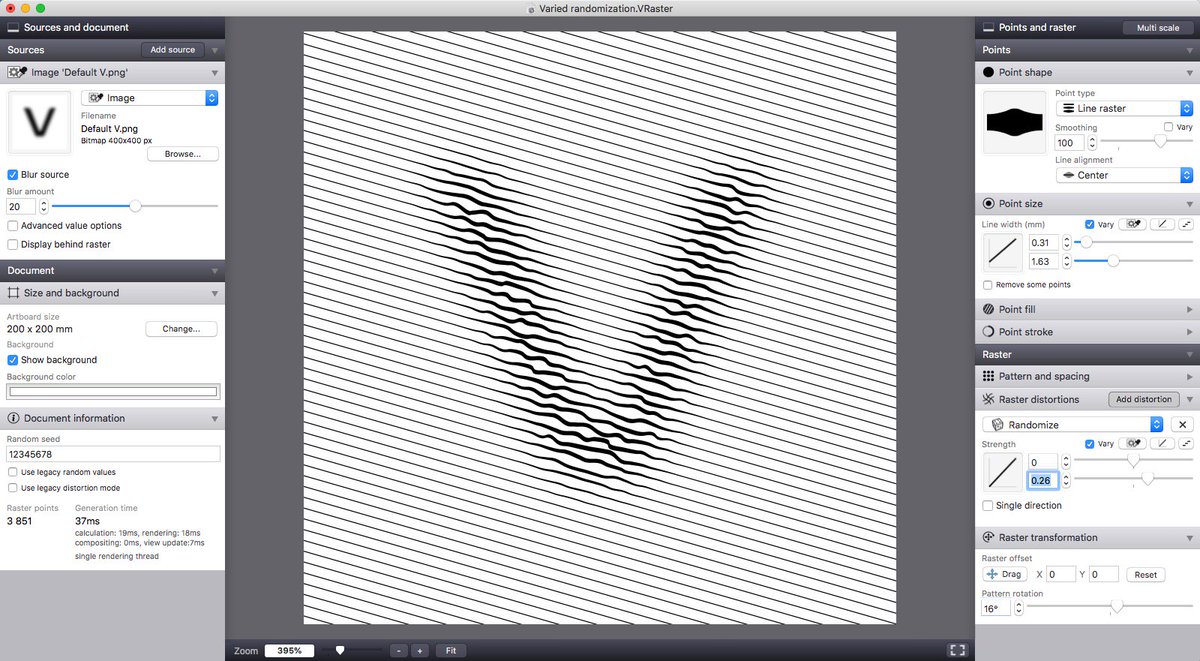 lostminds_sw's tweet photo. Screenshot of the new Vectoraster 7.3.8 version in action generating a line raster with a randomize pattern distortion set to vary the randomization strength as well as the line width based on a source image. #vectoraster https://t.co/agIZNshk7k