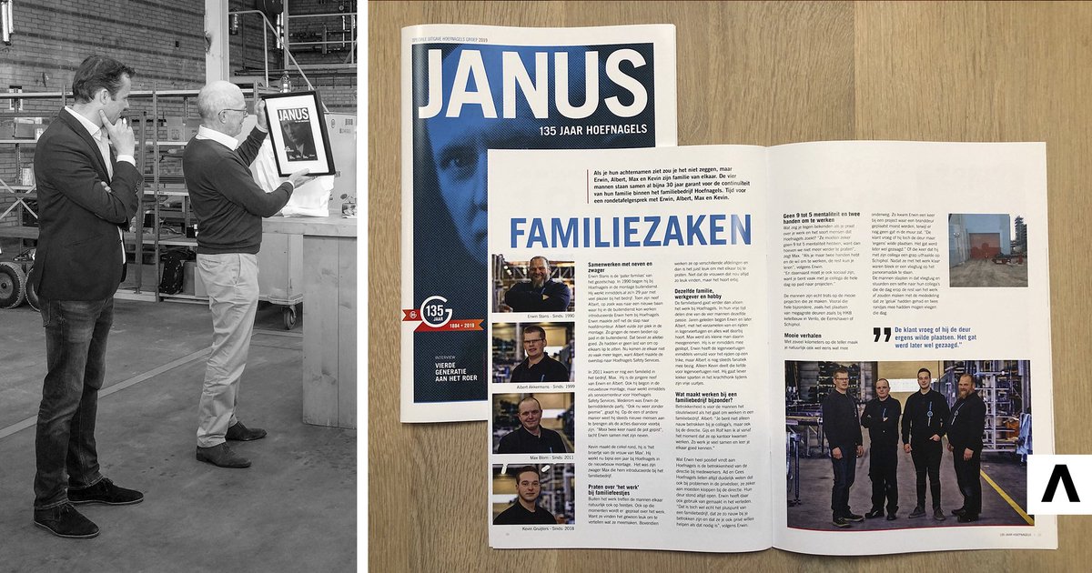 Wij werken graag voor familiebedrijven. En het is extra speciaal, als ze al vele generaties meegaan zoals de Hoefnagels Groep uit Tilburg. Zij vieren dit jaar hun 135-jarig bestaan, onder meer met een speciaal jubileummagazine 

#branding #familiebedrijf #jubileummagazine