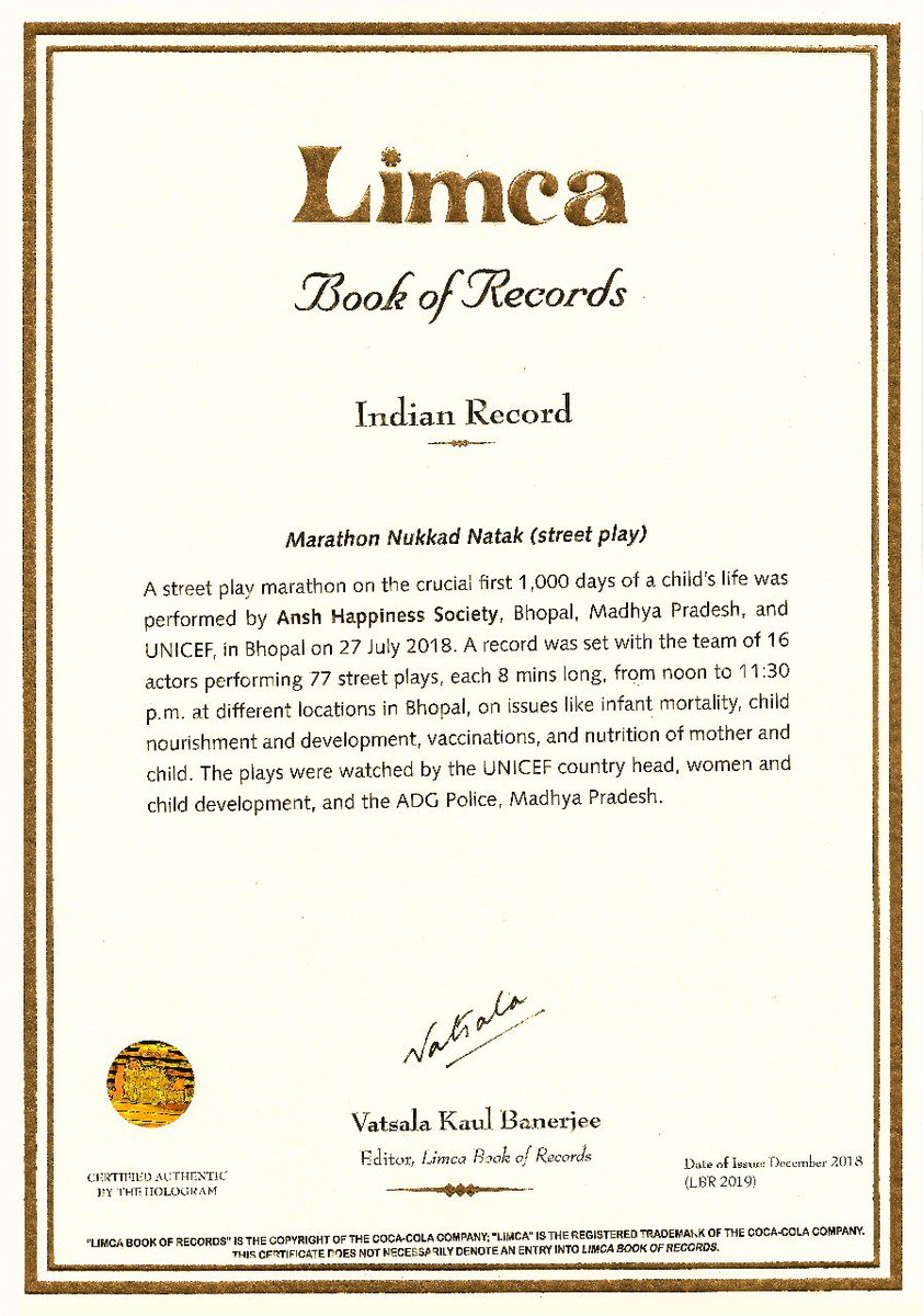 HappinessANSH's tweet photo. Congratulations!
ANSH Happiness Society and UNICEF is now in Limca Book of Records for Marathon Nukkad Natak (Street Play).
Special thanks to @DrYasminAHaque for your inspiration to young people @UNICEFIndia @Michael67332575 @Anil5 @drsameerpawar
#EarlyMomentsMatter #LBR2019 https://t.co/iBJ6hstXoz