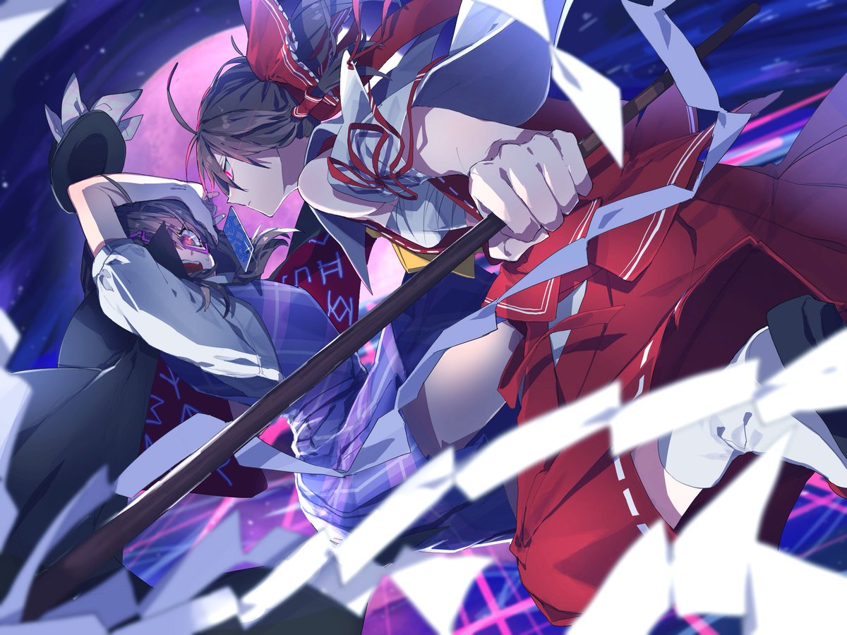 Shige イラストとてもかっこいいです 霊夢に詰め寄られ焦る菫子２人の表情の違いや作品の雰囲気も良いですね