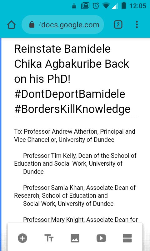 UnisNotBorders's tweet photo. URGENT ACTION ✊✊
@UnisNotBorders demands that @dundeeuni #ReinstateBamidele on his PhD &amp; #DontDeportBamidele

SIGN &amp; SHARE our letter here:
https://t.co/oH6Lneswf1 https://t.co/vSZfot72XD