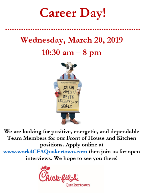 PACareerlinkBC's tweet photo. Chick-Fil-A Quakertown Career Day! Wednesday, March 20, 2019 10:30 am – 8 pm Looking for positive, energetic, and dependable Team Members for our Front of House and Kitchen positions. Apply at https://t.co/V7tpEqHmLn &amp; join us for open interviews 
#Chickfila #jobs #BucksCounty https://t.co/Gh2yQp2Jr9