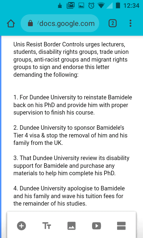UnisNotBorders's tweet photo. URGENT ACTION ✊✊
@UnisNotBorders demands that @dundeeuni #ReinstateBamidele on his PhD &amp; #DontDeportBamidele

SIGN &amp; SHARE our letter here:
https://t.co/oH6Lneswf1 https://t.co/vSZfot72XD