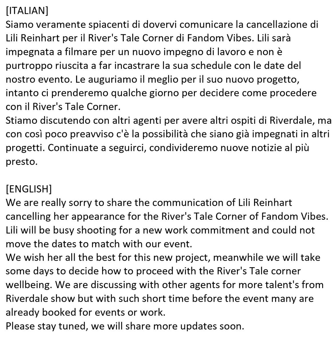 FandomVibesCon's tweet photo. Please read the announcement, more information and answers will come in the next days. / Perfavore leggete l'annuncio, più informazioni e risposte verranno date nei prossimi giorni. https://t.co/crhM3W2LCi
