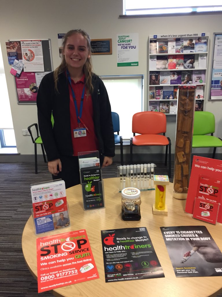 SPrescribingER1's tweet photo. Here at Pocklington Group Practice we have one of our Health trainers Rebecca talking to patients about the harms of smoking, and how the healthtrainers can support you with quitting. #NoSmoking #NoSmokingDay2019 #linkworker #healthtrainer #SocialPrescibing https://t.co/Qfok9RnSHZ