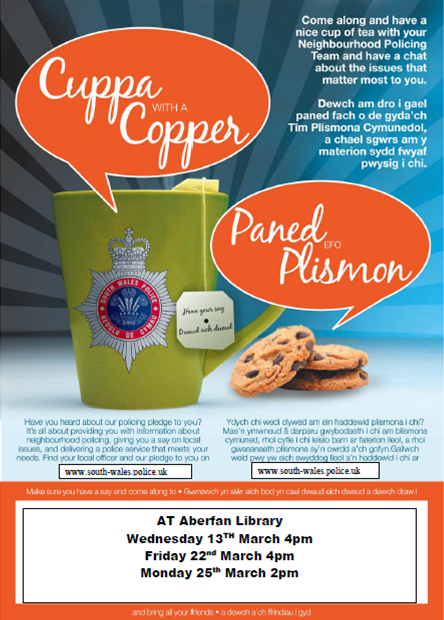 WellbeinMerthyr's tweet photo. Good afternoon all! This afternoon at #AberfanLibrary is the first of this month's Cuppa with a Copper.
Prynhawn da pawb! Y prynhawn mha yn #LlyfrgellAberfan yw'r cyfarfod cyntaf o Paned efo Plismon.
#CommunityEngagement @SwpMerthyr @TrinityAberfan https://t.co/fWZ0QbNuKY