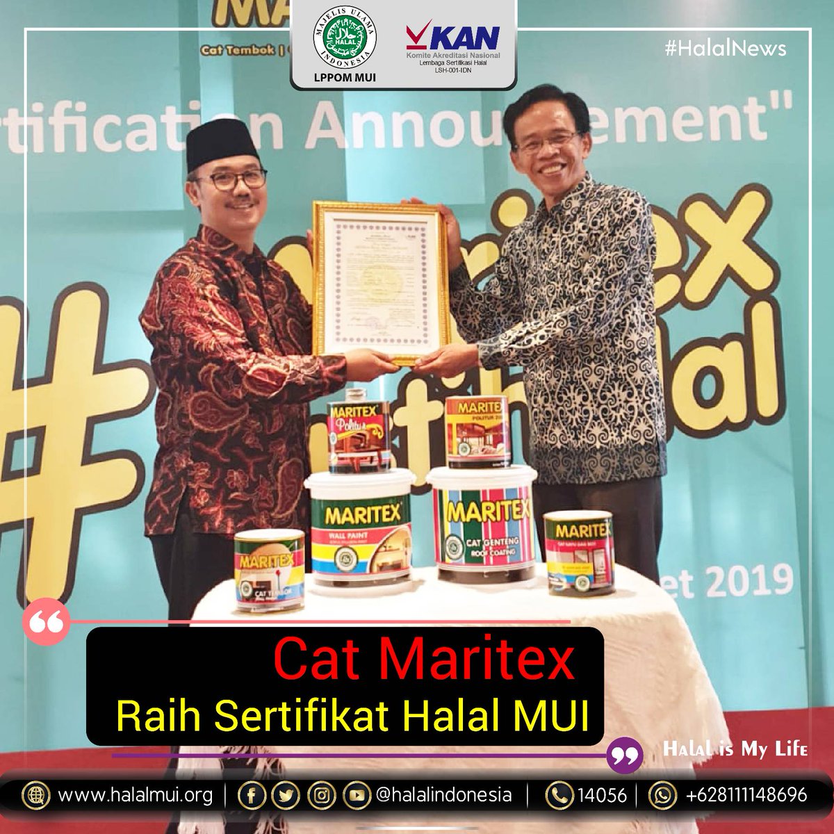 #SobatHalalMUI, Kini, Cat Maritex (@hiyotoid) telah meraih sertifikat halal MUI lho.. bit.ly/MaritexSH
.
#LPPOMMUI #HalalNews #Halal #HalalMUI #HalalIndonesia #HalalIsMyLife #KAMUHARUSTAU #KAMUHARUSTAU_Islam
.
Tuk info halal lainnya ikuti terus akun kami, <a href="/halalindonesia/">Halal Indonesia</a>