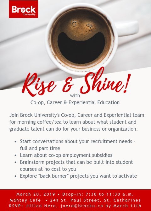 BrockuCCEE's tweet image. SAVE THE DATE: Next Wednesday March 20th at @MahtayCafe. Our Co-op, Career and Experiential team will be be available to discuss partnership opportunities with your organization. No registration required, drop-in between 7:30-11:30am! #WILWeek #MyExperienceMyJourney #CoopWeek
