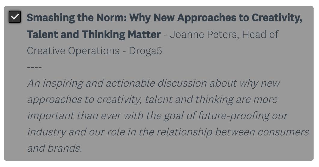 droga5's tweet image. Online voting for who speaks at @theoneclub's #CreativeWeek Summit is open until March 29. Make your picks and show our session idea some love: buff.ly/2XRMwtf
