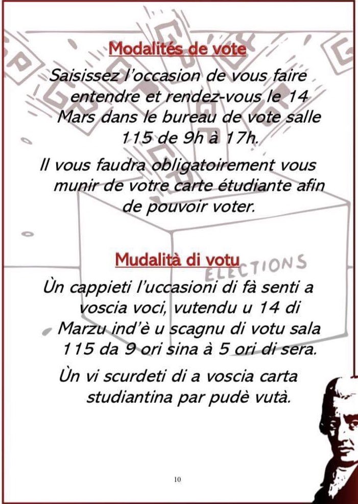 Ghju_Paolina's tweet photo. 📣 ALIZIONI DI L'IUT 📣
Ce jeudi 14 mars, auront lieu les élections de l'IUT 

🗳 Par vutà : munissez vous de votre carte étudiante et rendez-vous à l’IUT, salle 115.

Fatti senti a voscia voci , vutati è fatti vutà !

STRADA DIRITTA È CORE IN FRONTE https://t.co/ofQRzysKml
