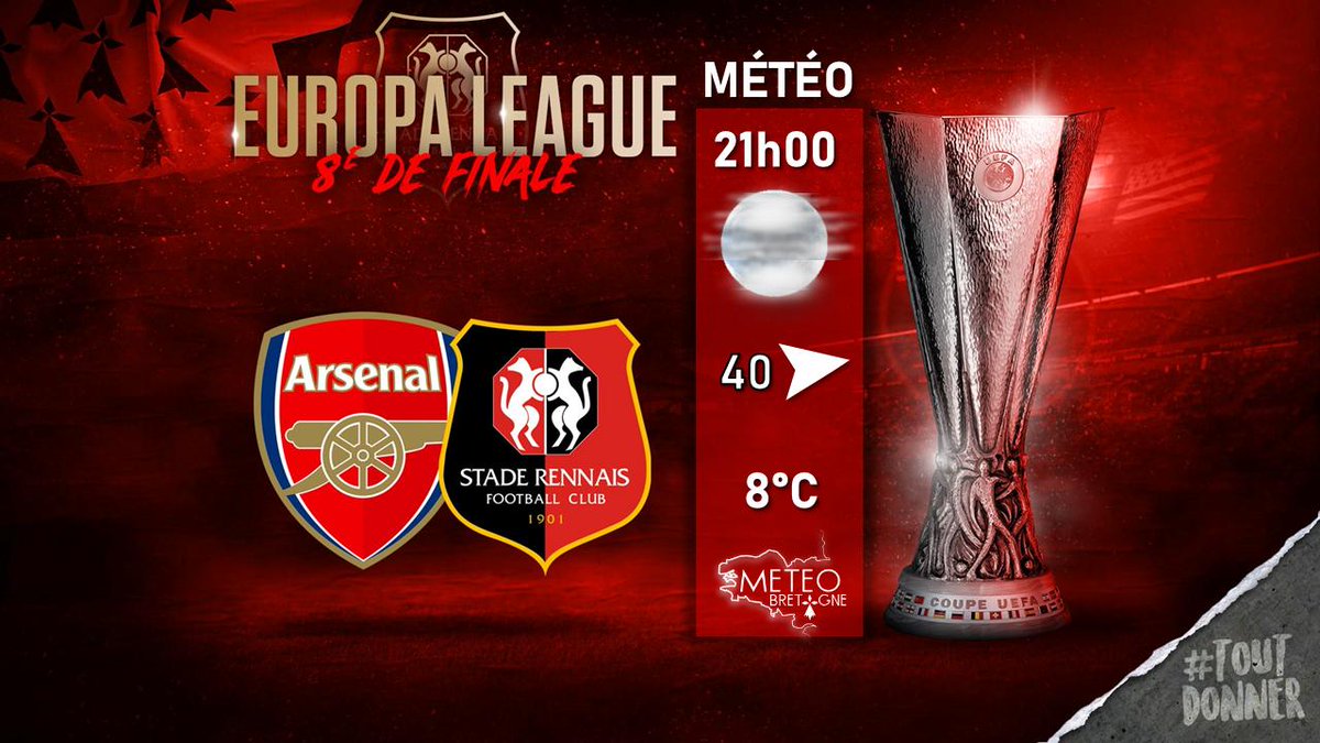 #Prévisions
Voici le bulletin météo pour le match que toute la Bretagne attend à l'Emirates Stadium de London ce jeudi soir à 21h00 
La météo n'aura pas d'incidence sur le jeu.
Allez Rennes! :-)
meteo.bzh